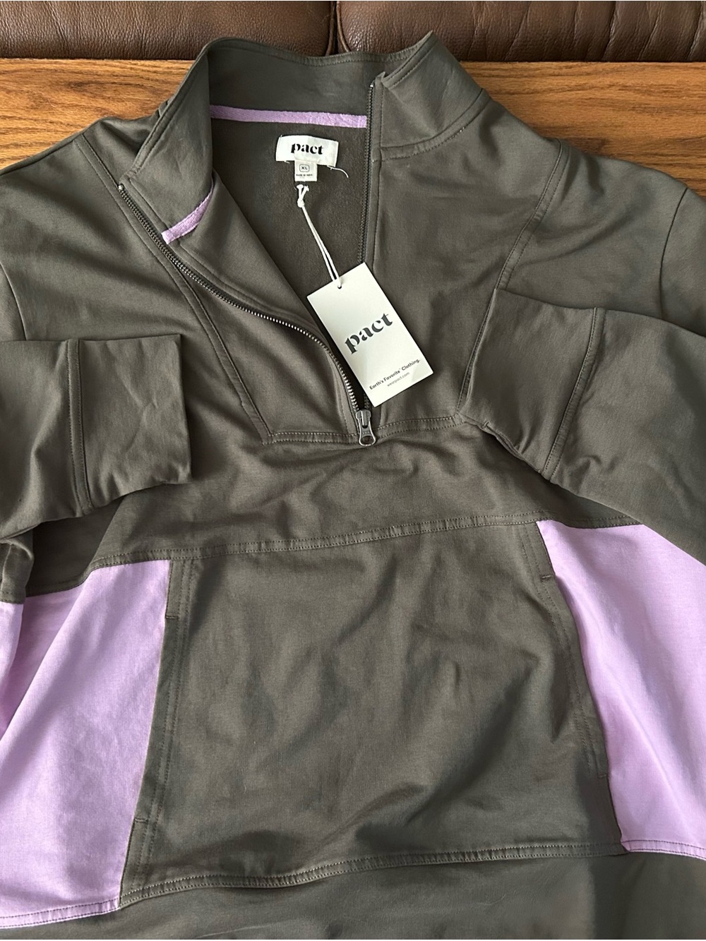 Pact Olive Half-Zip Pullover with Lavender Trim